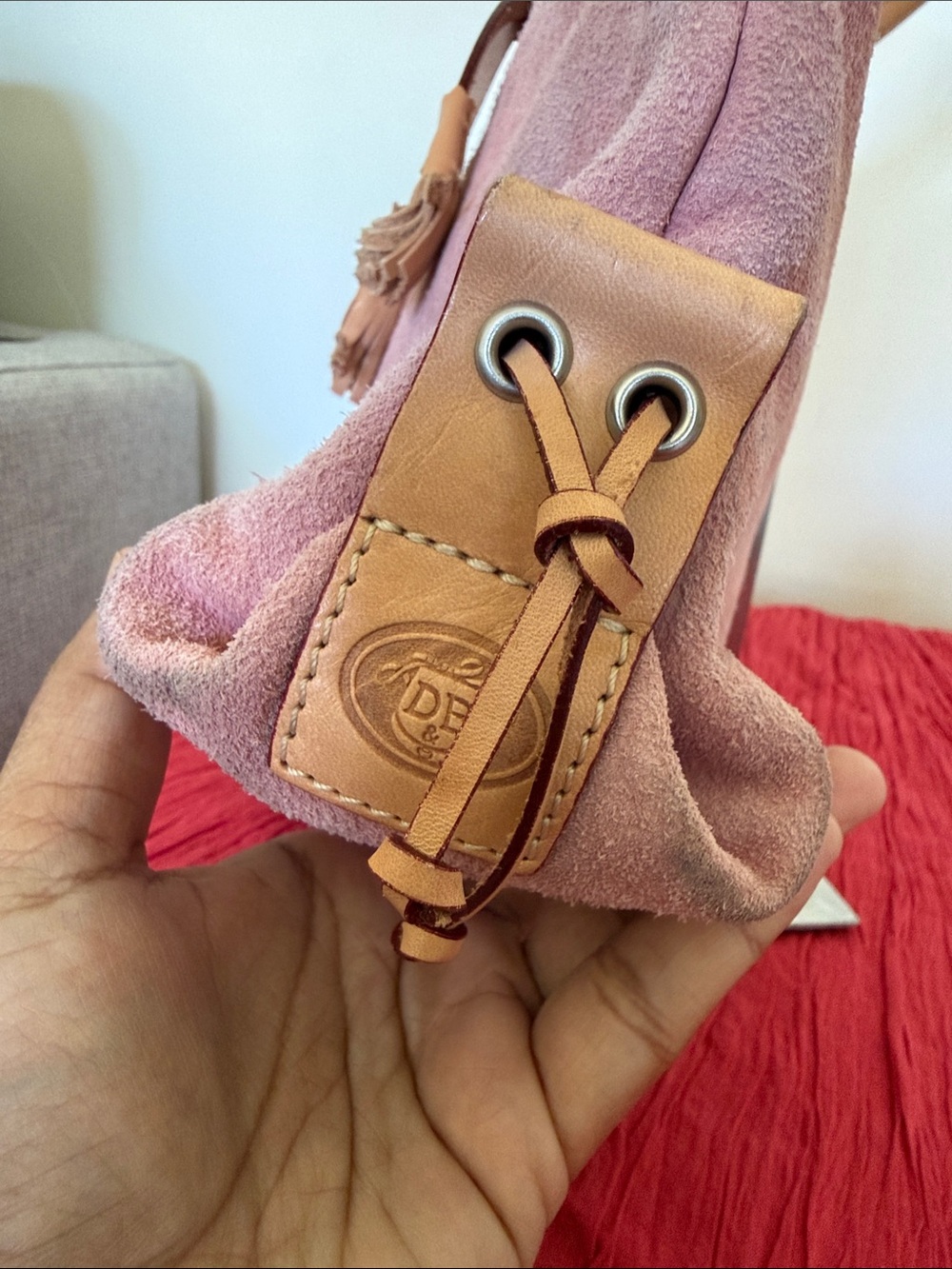 Dooney & Bourke Dusty Rose Suede Tote with Tan Leather Trim - Picture 4 of 16